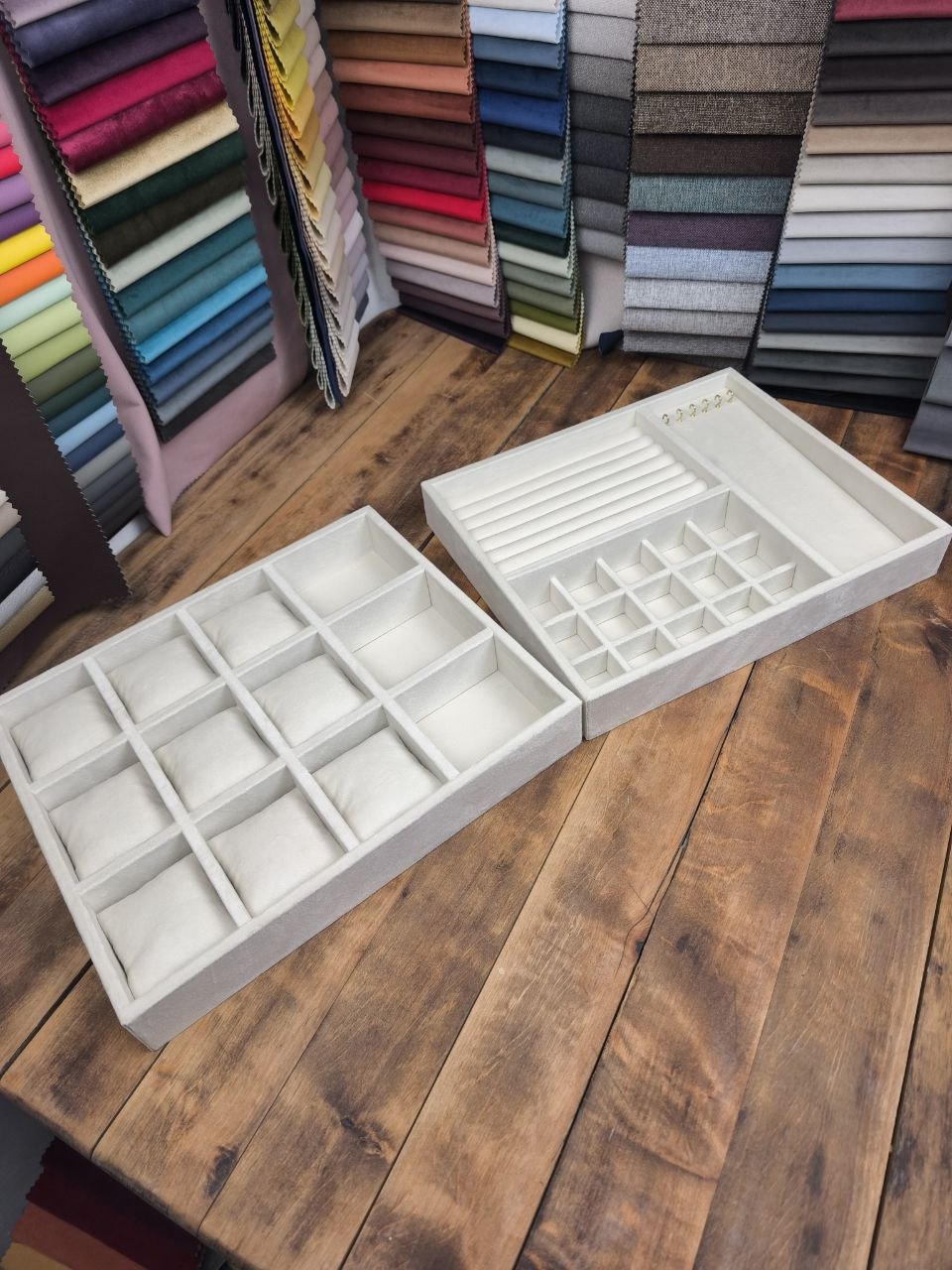 Ivory bespoke jewellery tray collection in a material studio